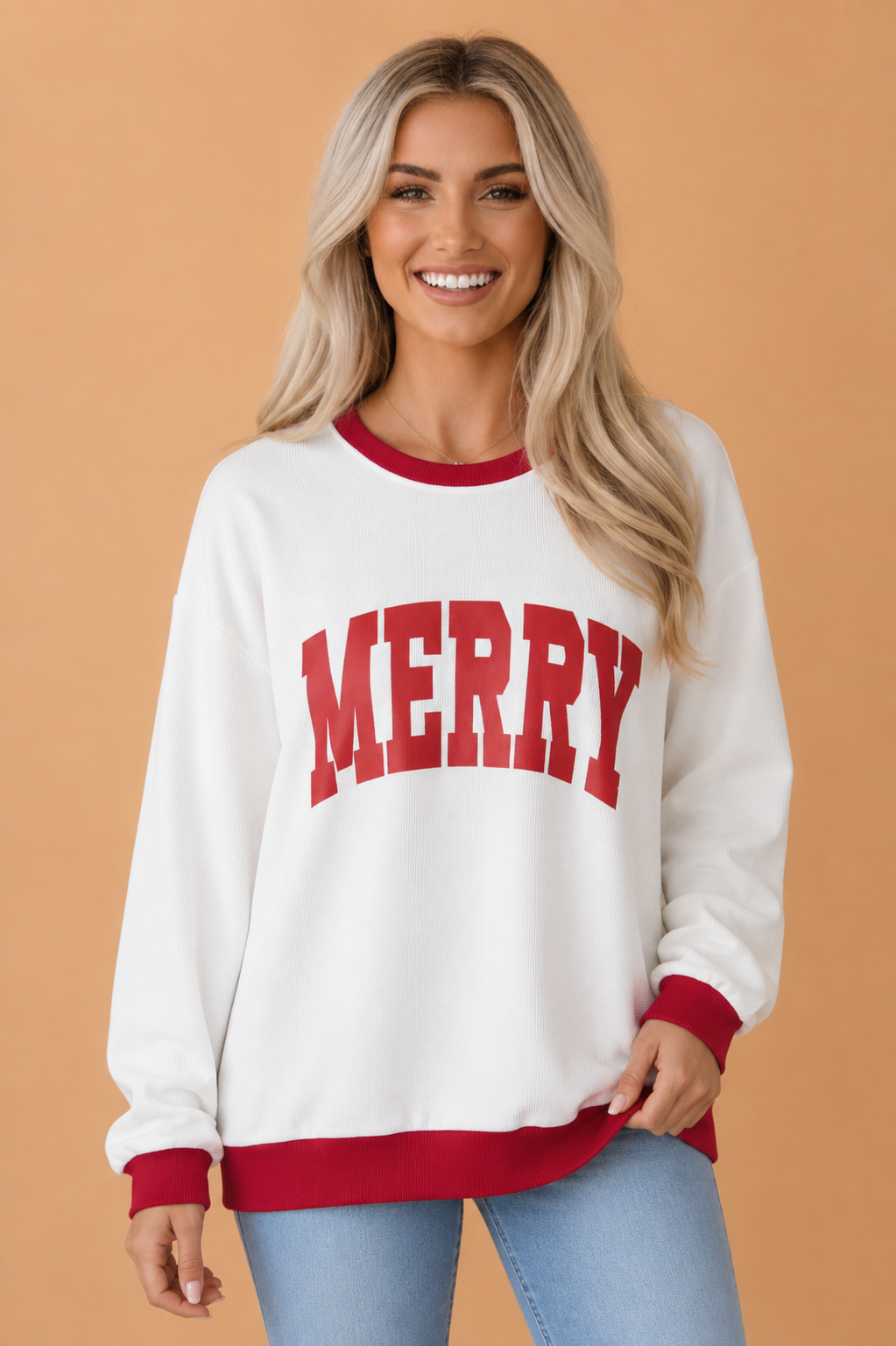 Merry Colorblock Waffle Knit Christmas Sweatshirt in Beige, front view