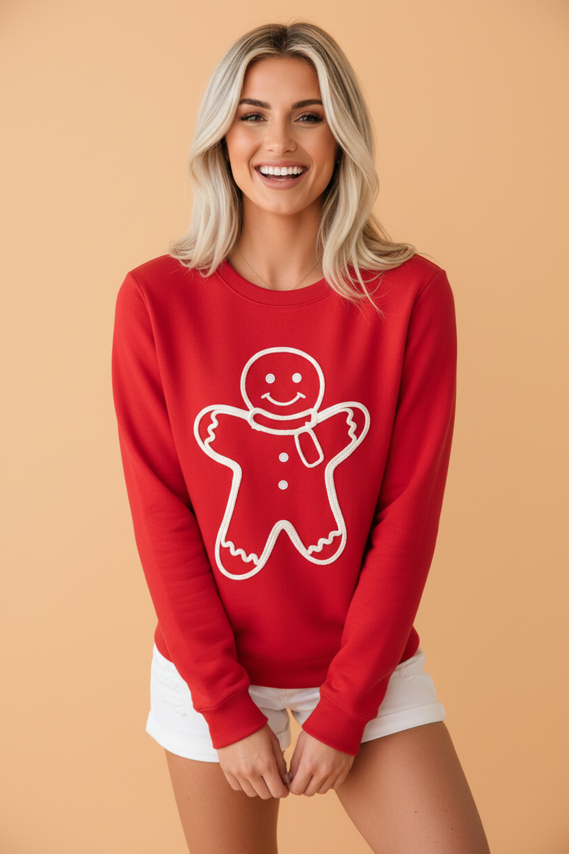 Christmas Gingerbread Embroidered Sweatshirt in fiery red, front view