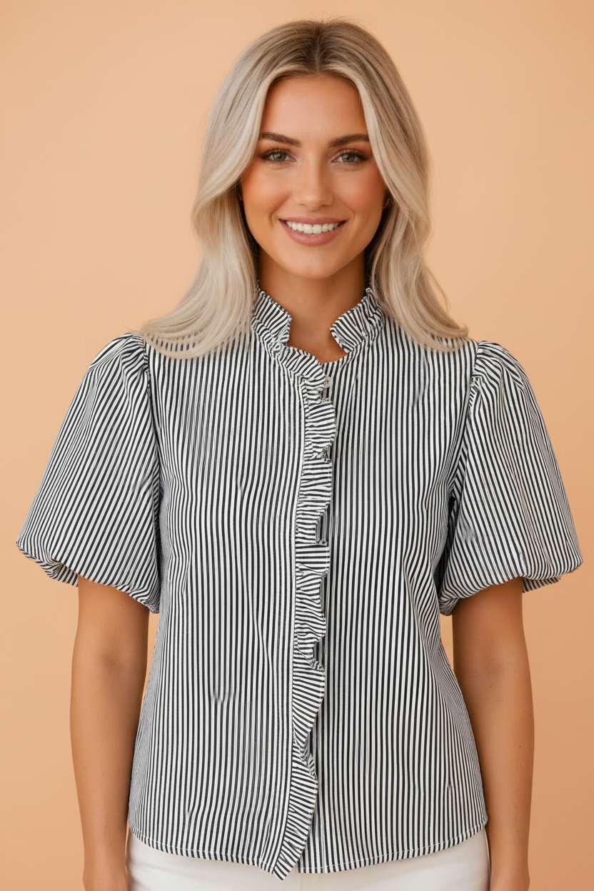 Black striped shirt with ruffled collar and bubble sleeves