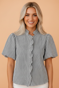 Black striped shirt with ruffled collar and bubble sleeves