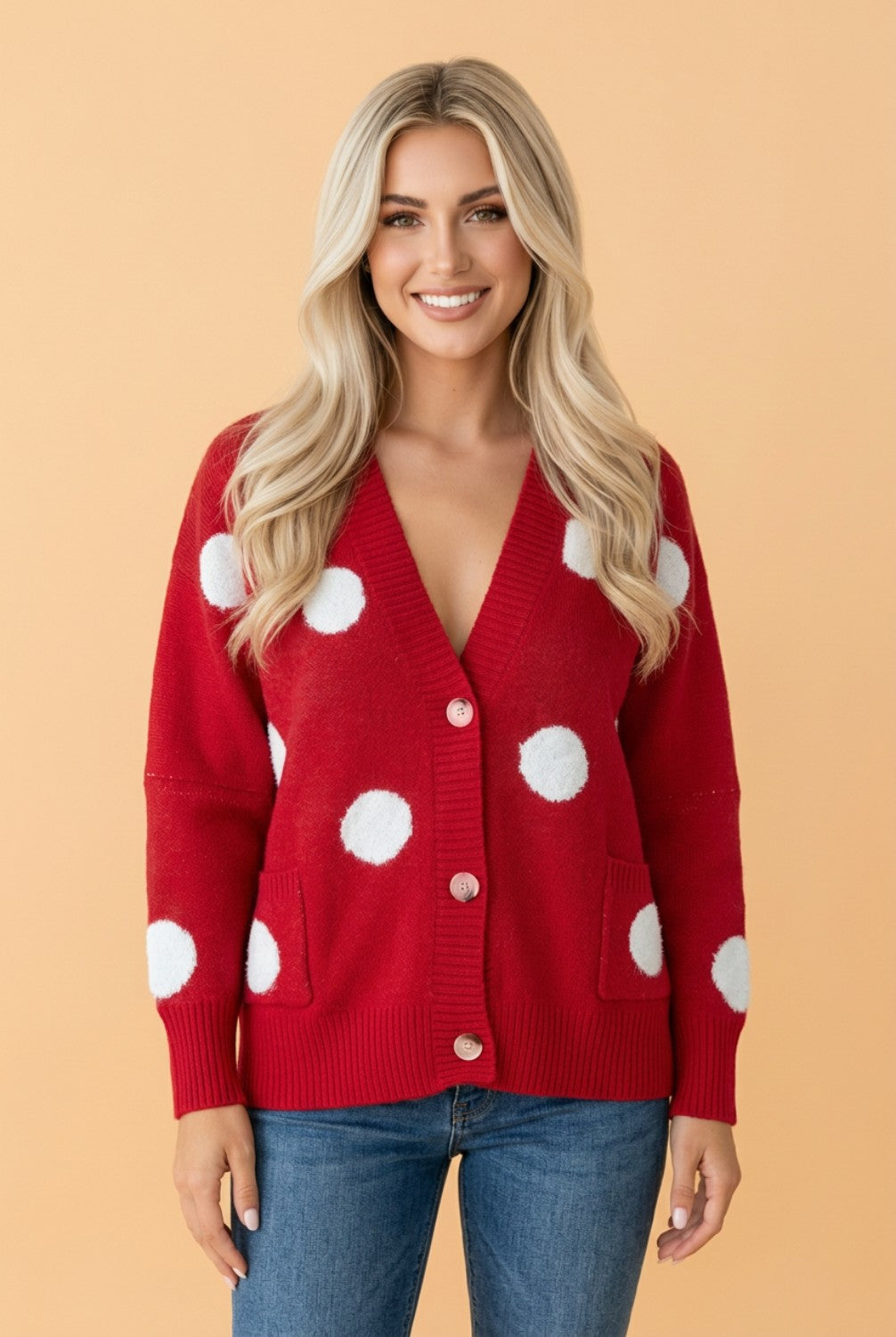 Polka dot cardigan button placket detail