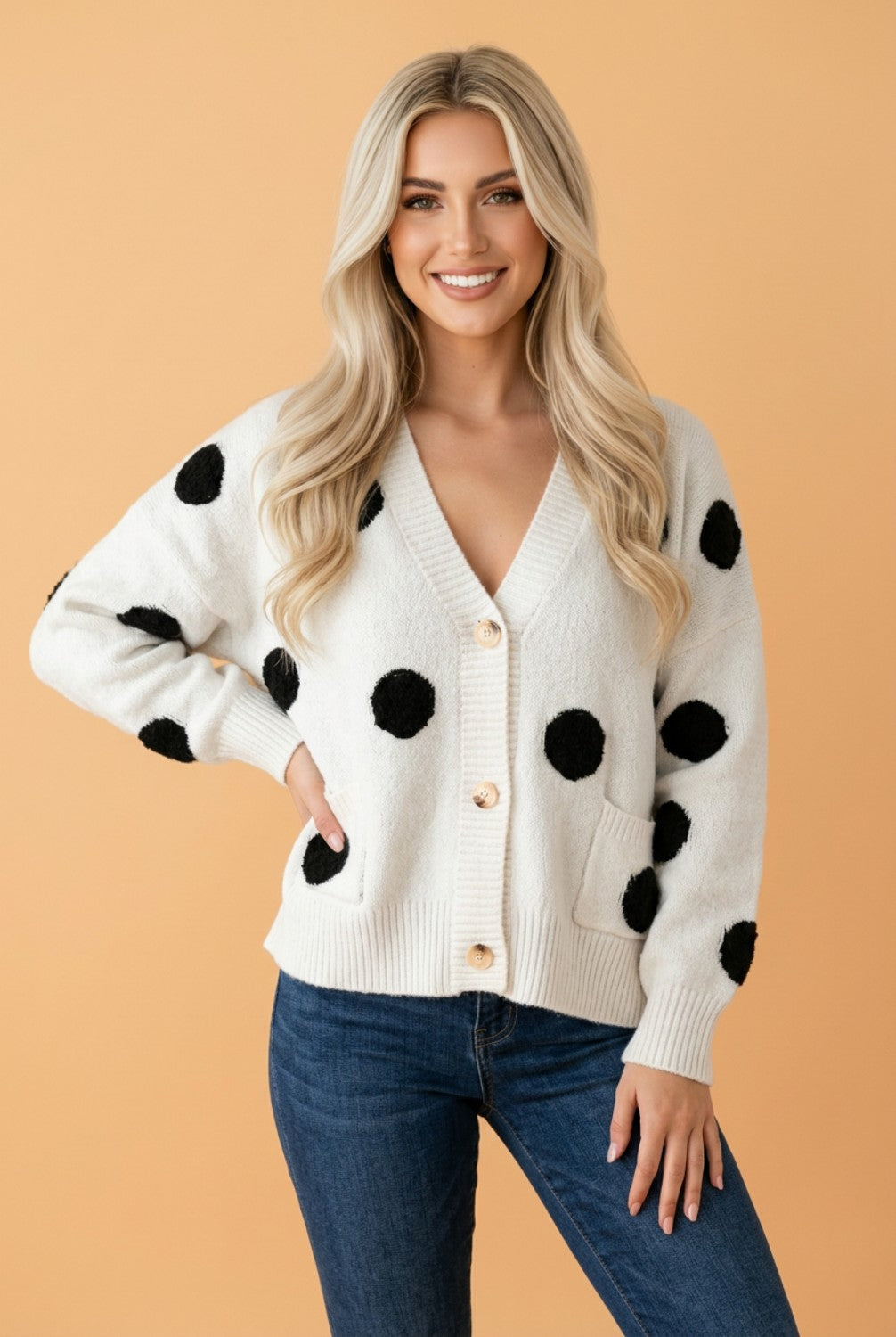 Pretty Bash polka dot cardigan with button front and V-neck