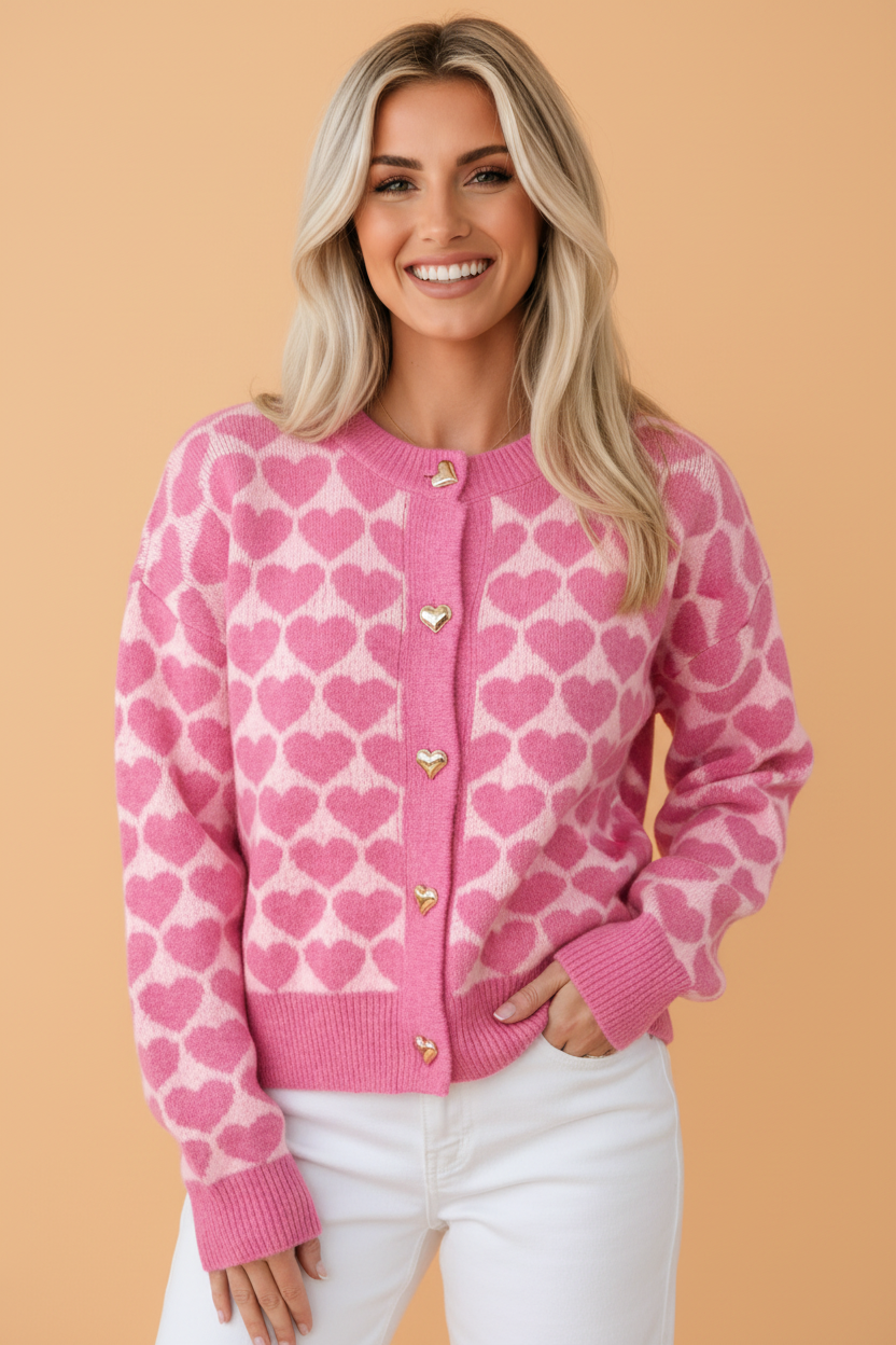 Heart Button Drop Shoulder Cardigan in pink, front view