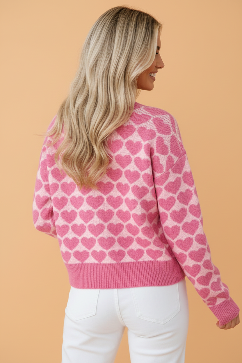 Heart Button Drop Shoulder Cardigan in pink, detail view