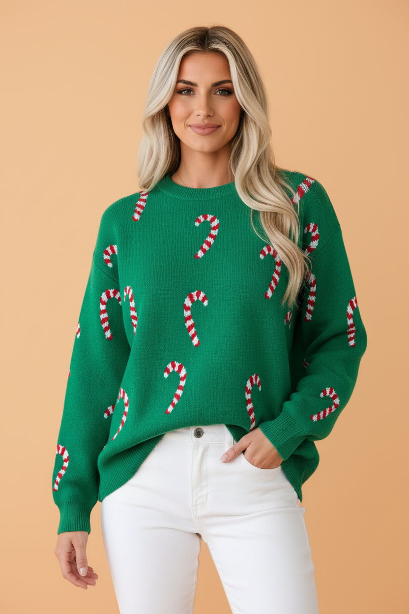 Christmas Candy Cane Drop Shoulder Sweater in dark green and sachet pink, front view
