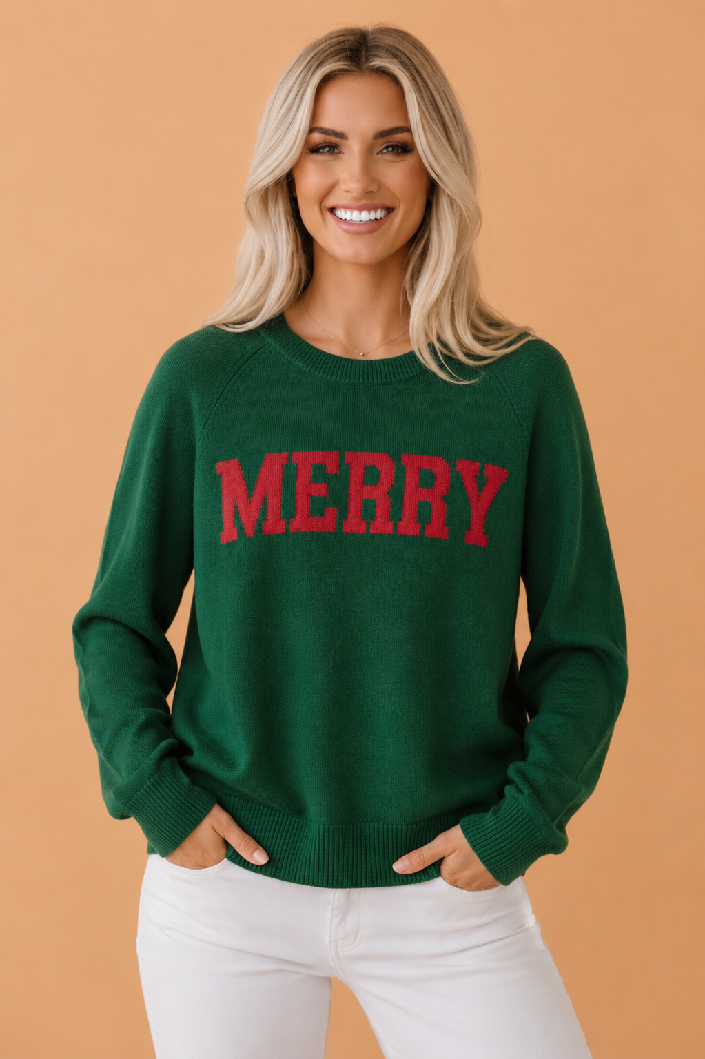 MERRY Raglan Long Sleeve Christmas Sweater, front view