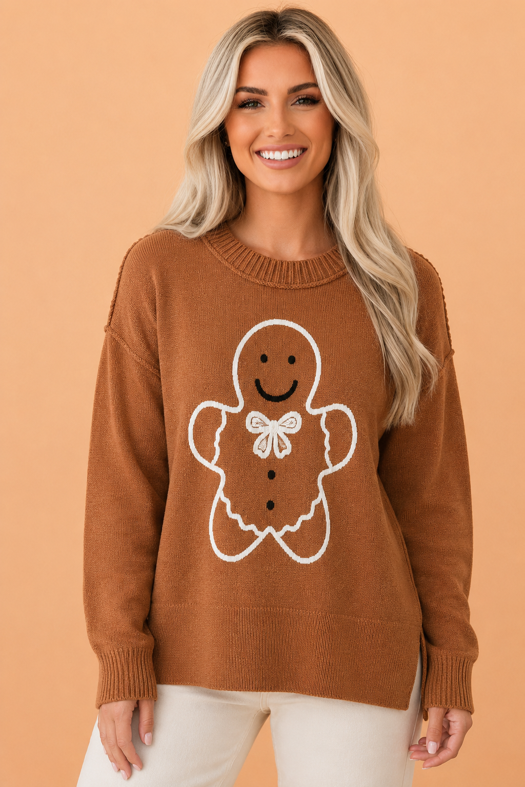 Gingerbread Drop Shoulder Oversized Christmas Sweater in Brown, front view