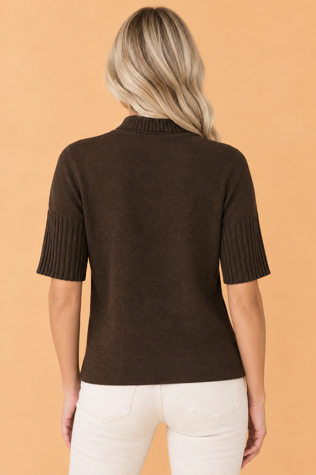 Ribbed Trim Turtleneck Sweater in dark brown, detail