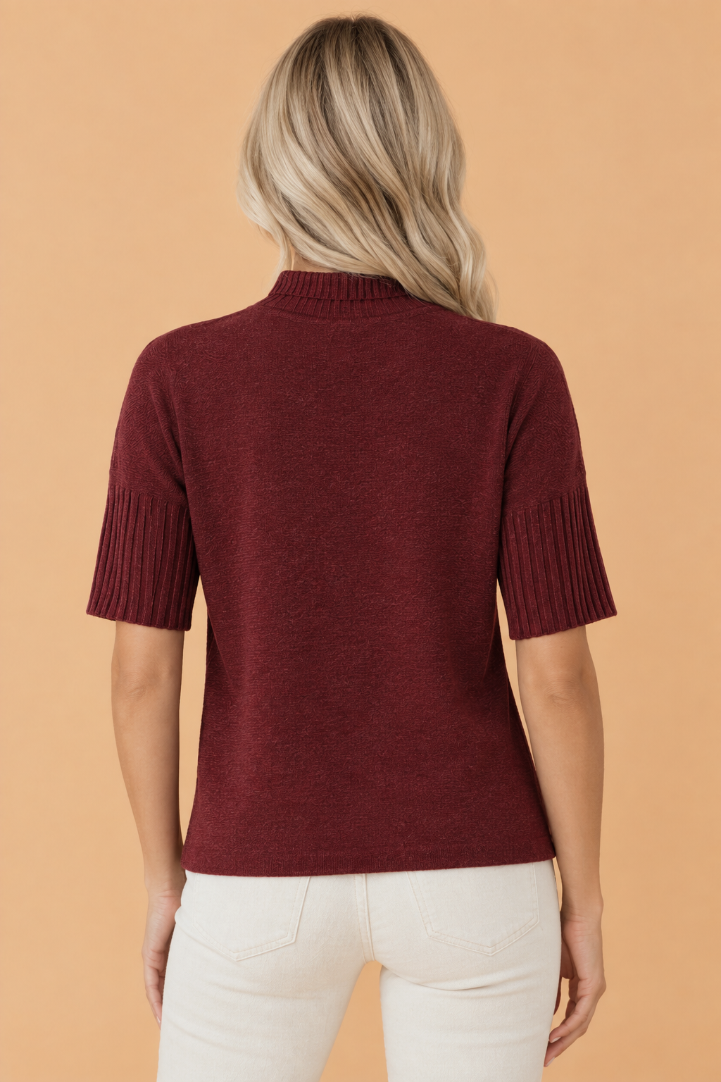 Ribbed Trim Turtleneck Sweater in burgundy, detail