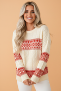 Western Fair Isle Cable Knit Sweater in red, front view