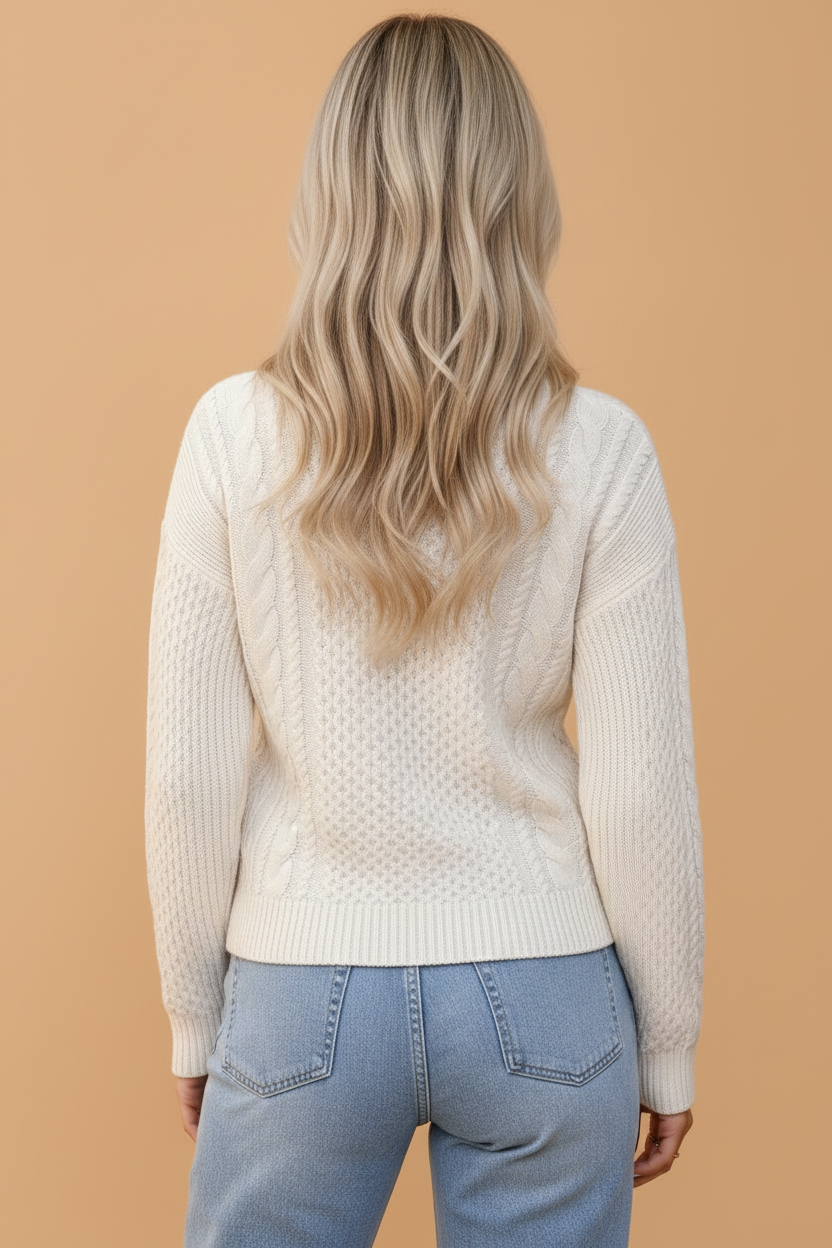 Cable Knit Round Neck Sweater in beige, detail