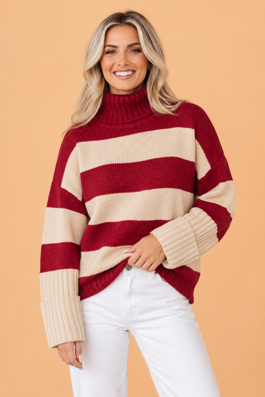 Stripe Ribbed Trim Turtleneck Sweater - front view