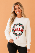 Merry Christmas Wreath Ribbed Round Neck Sweater, front view