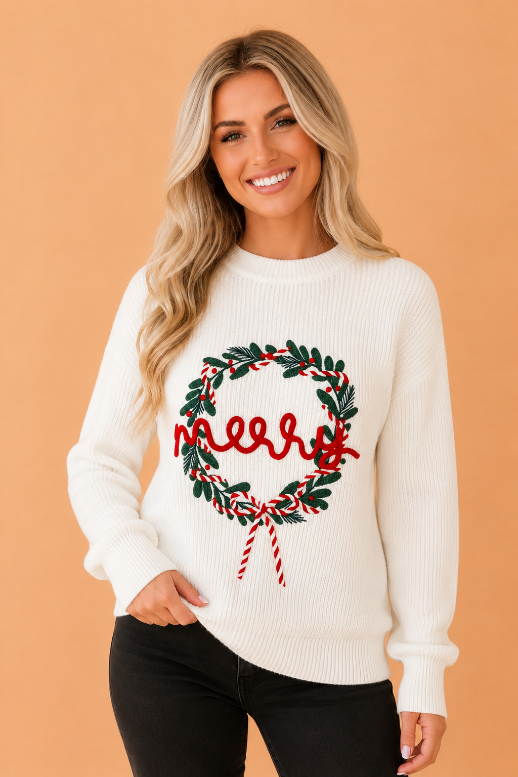 Merry Christmas Wreath Ribbed Round Neck Sweater, front view