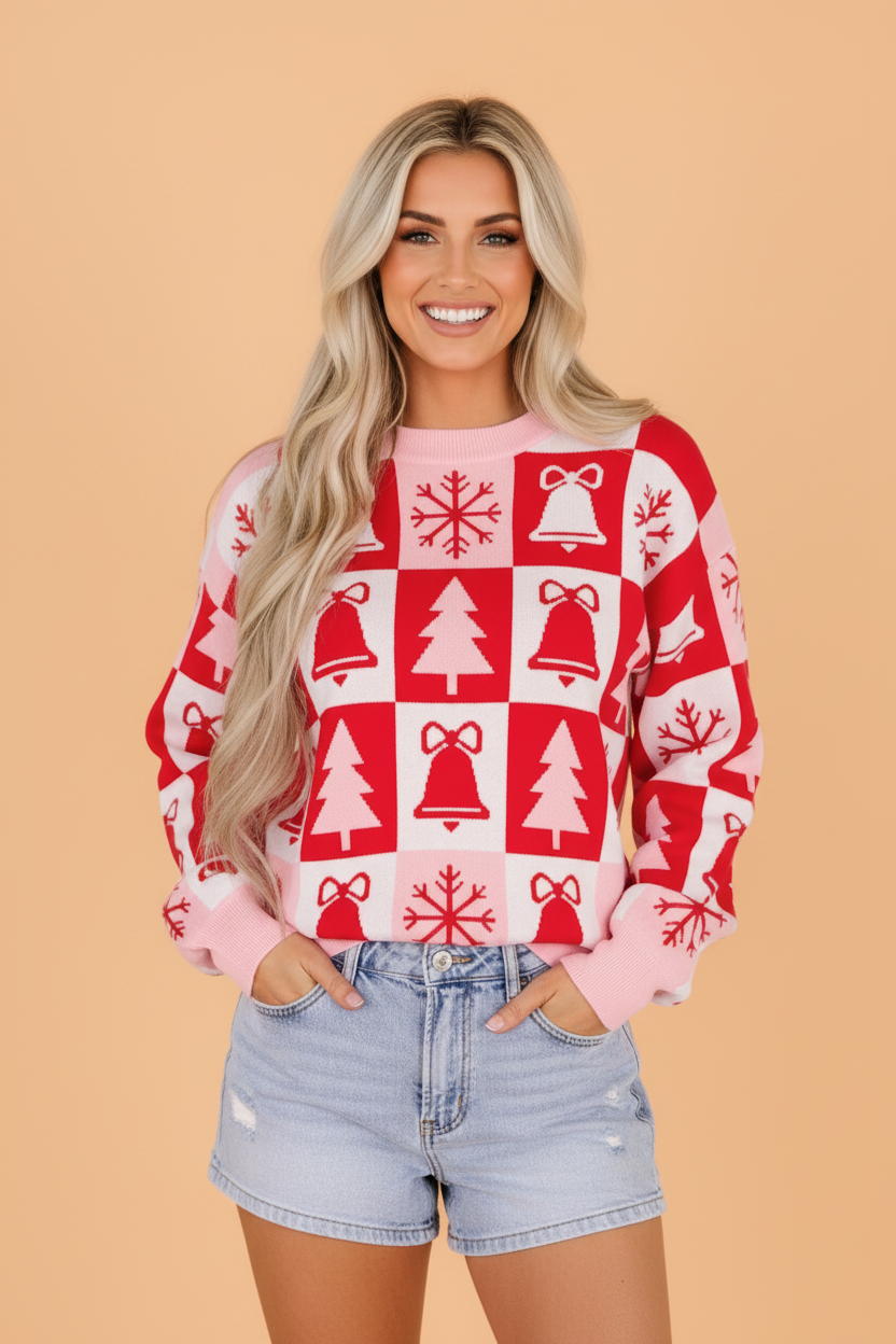 Christmas Checker Sweater in pink, front view
