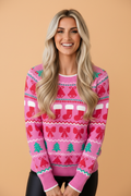 Christmas Bells & Bows Sweater in pink, front view