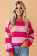 Stripe Colorblock Drop Shoulder Long Sleeve Sweater - front view