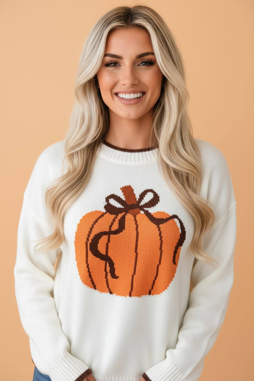 Pumpkin Print Contrast Trim Sweater in chicory coffee, front view