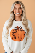 Pumpkin Print Contrast Trim Sweater in chicory coffee, front view