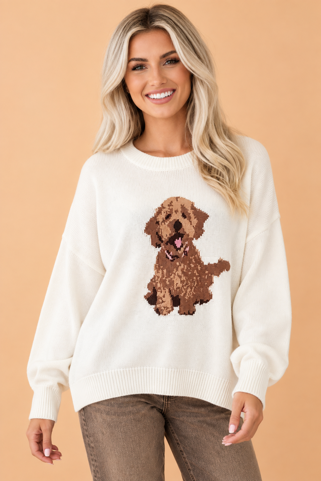 White dog graphic drop shoulder crewneck sweater, front view