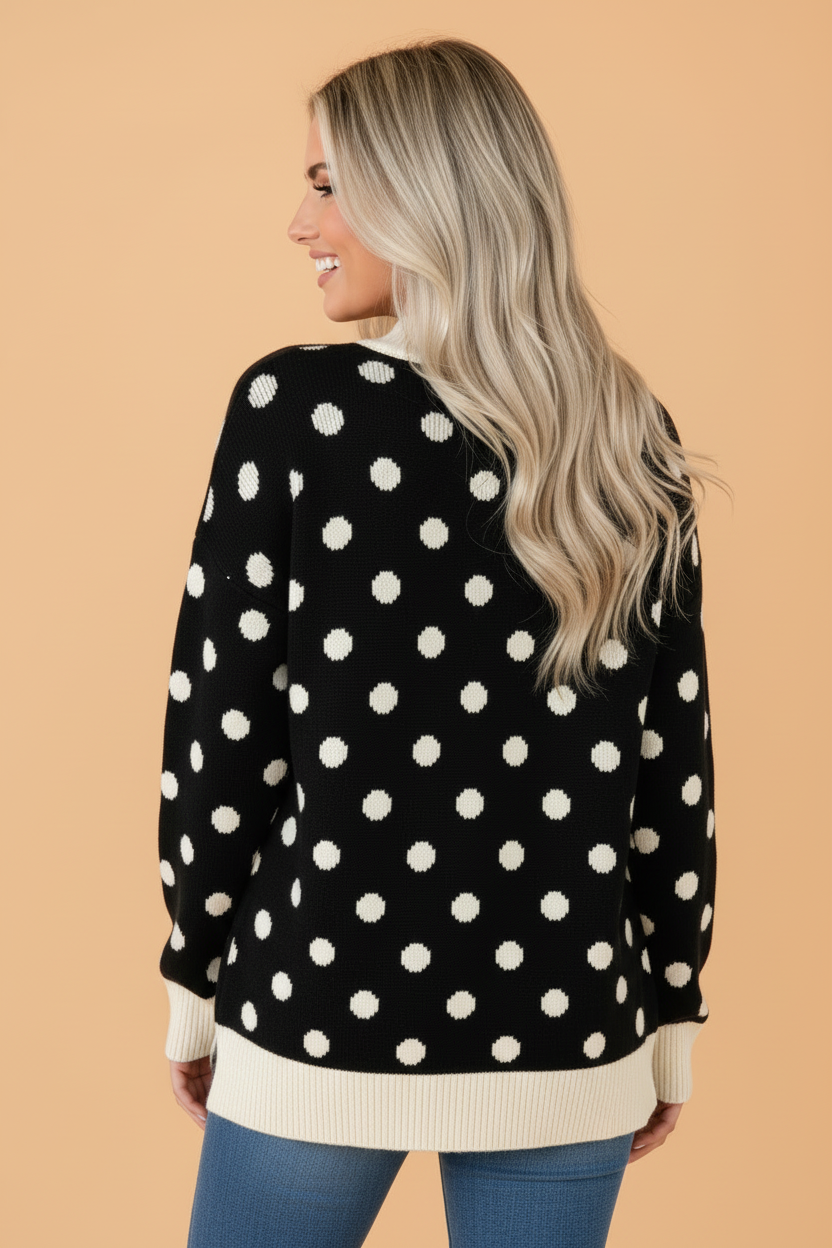 Polka Dot Colorblock Tunic Sweater in black, front view