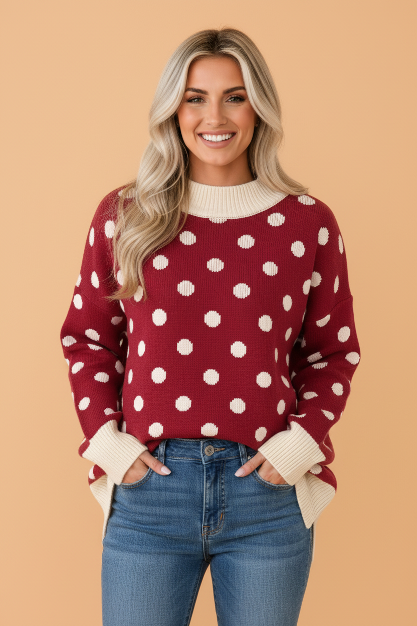 Polka Dot Colorblock Tunic Sweater in red, front view