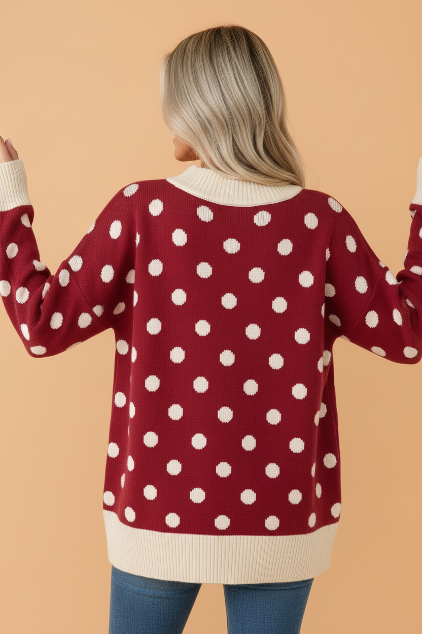 Polka Dot Colorblock Tunic Sweater in red, ribbed trim detail