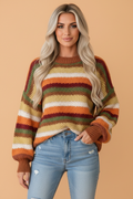 Striped Chunky Knit Puff Sleeve Sweater in camel, front view