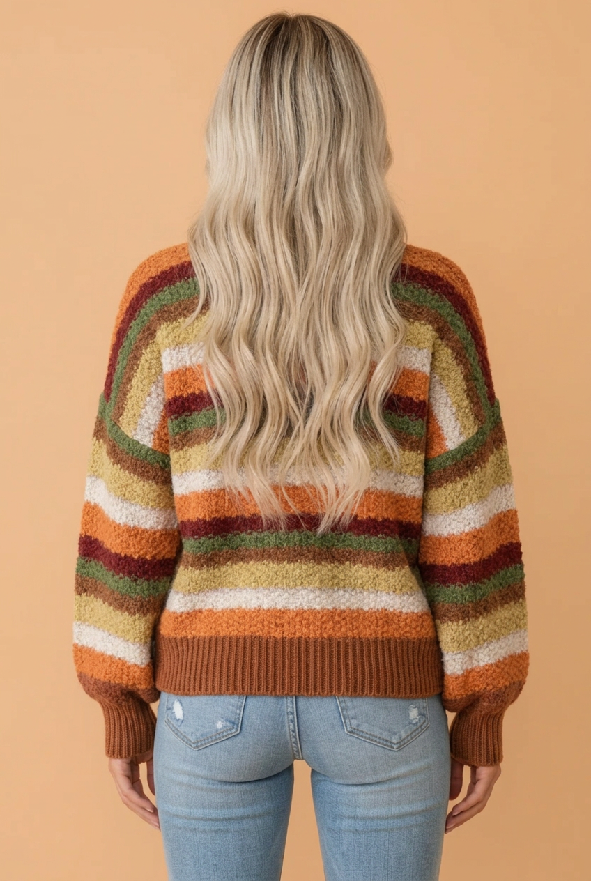 Striped Chunky Knit Puff Sleeve Sweater in camel, detail view