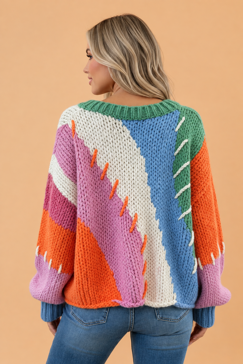 Colorblock Patchwork Oversized Sweater in bonbon, stitching detail