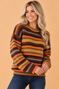 Striped Drop Shoulder Sweater in coffee, front view