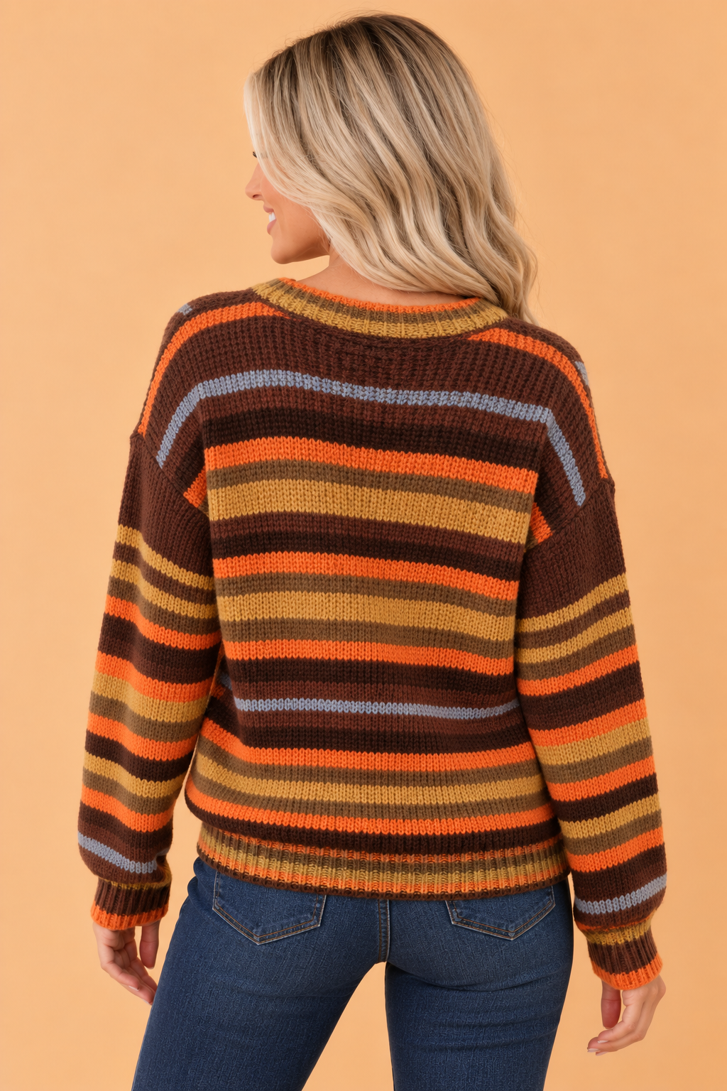 Striped Drop Shoulder Sweater in coffee, striped cuff detail