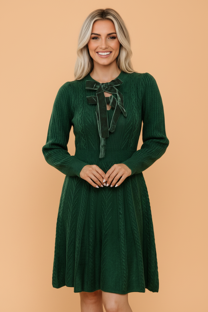 Velvet Bow Cable Knit Mini Sweater Dress in blackish green, front view