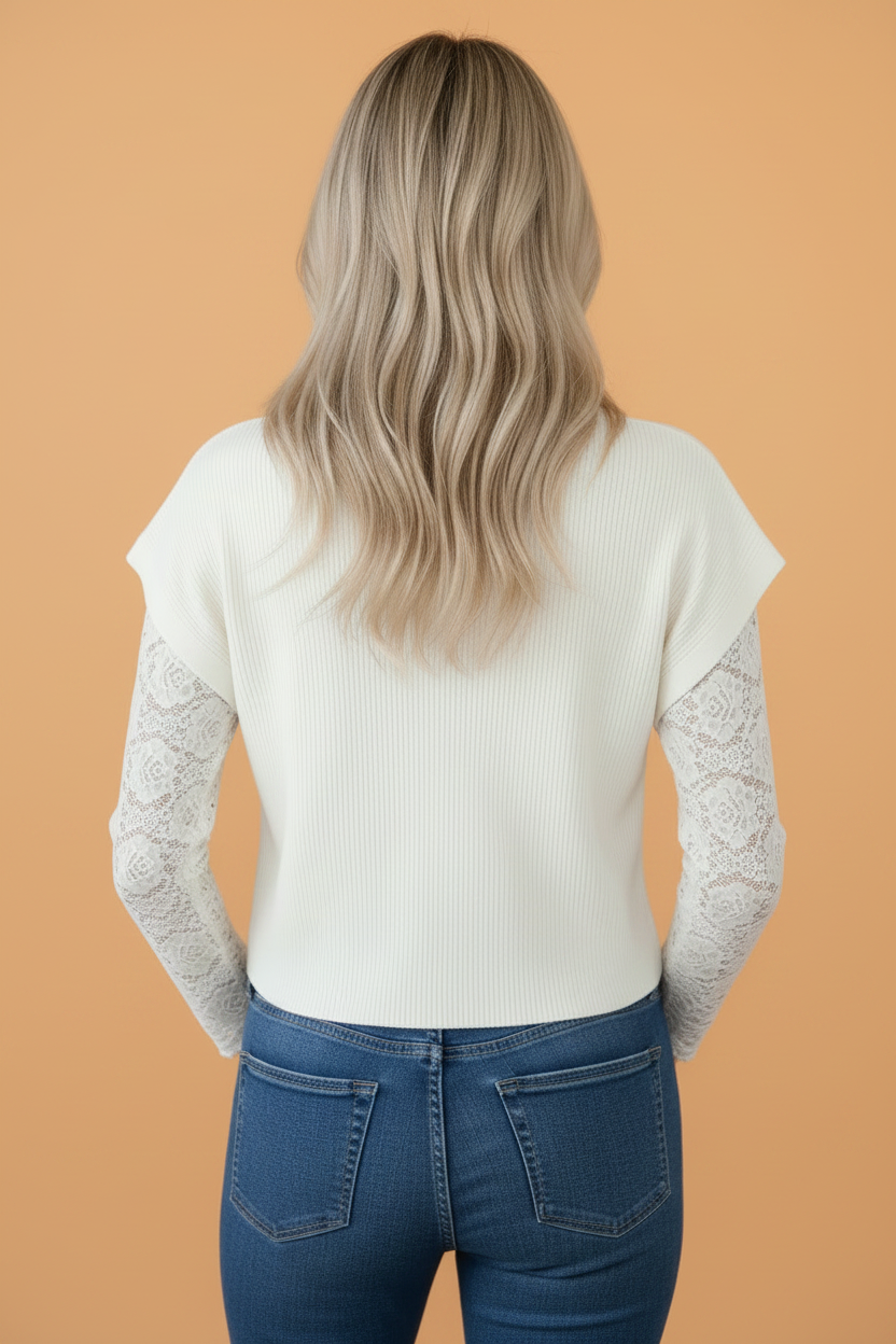 Ribbed Knit Mock Neck Top in white, detail