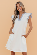 Stripe Patchwork Split Neck Ruffle Trim Sleeveless Dress in White with stripe patchwork, split neckline, double ruffle trim, and sleeveless silhouette shown on model