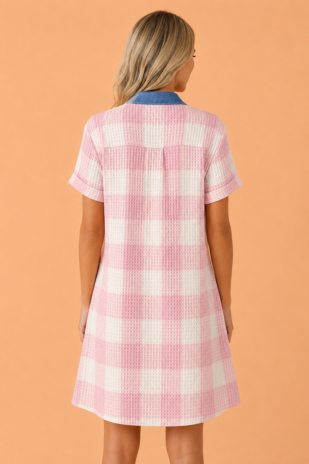Plaid Contrast Denim Collared T-Shirt Mini Dress in Pink - back view