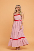 Stripe Bow Tie Straps Ruffle Hem Maxi Dress in Red Stripe - front view showing bow tie straps and high waist