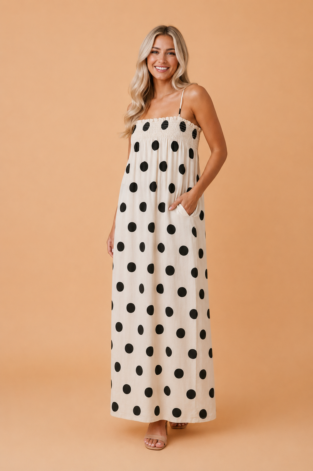 Polka Dot Spaghetti Strap Maxi Dress in White - front view showing adjustable straps and flowy maxi silhouette