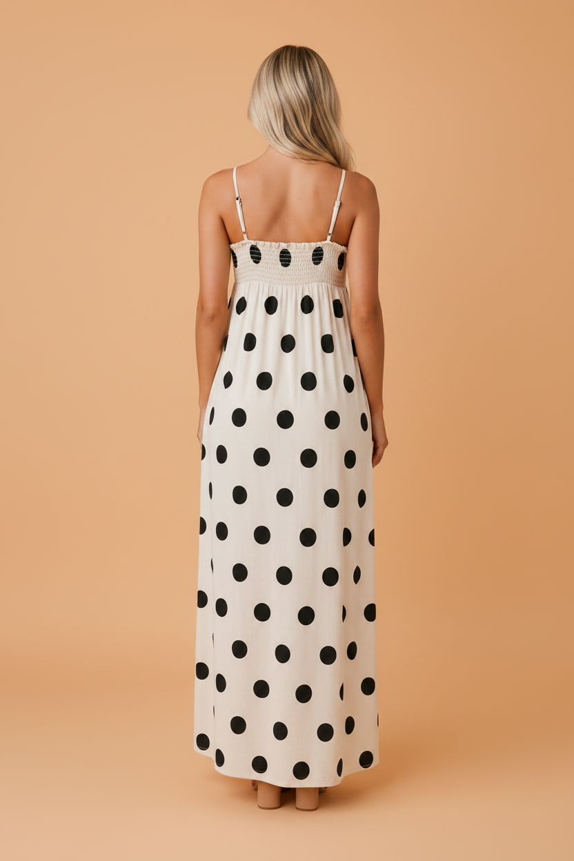 Polka Dot Spaghetti Strap Maxi Dress in White - back view