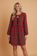 Plaid Bow Tie Front Puff Long Sleeve Dress in Red, front view