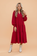 Solid Ruffle Trim Long Sleeve Tiered Midi Dress, front view