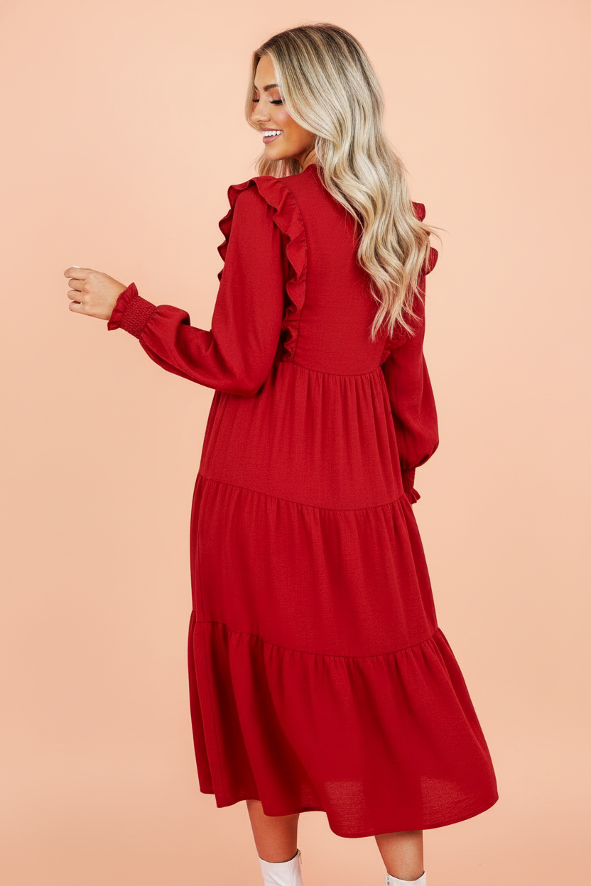 Solid Ruffle Trim Long Sleeve Tiered Midi Dress, detail view