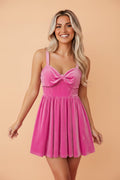 Velvet Sweetheart Neck Mini Dress in sachet pink, front view