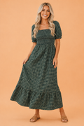 Plaid Shirred High Waist Square Neck Ruffle Hem Dress in Green, front view