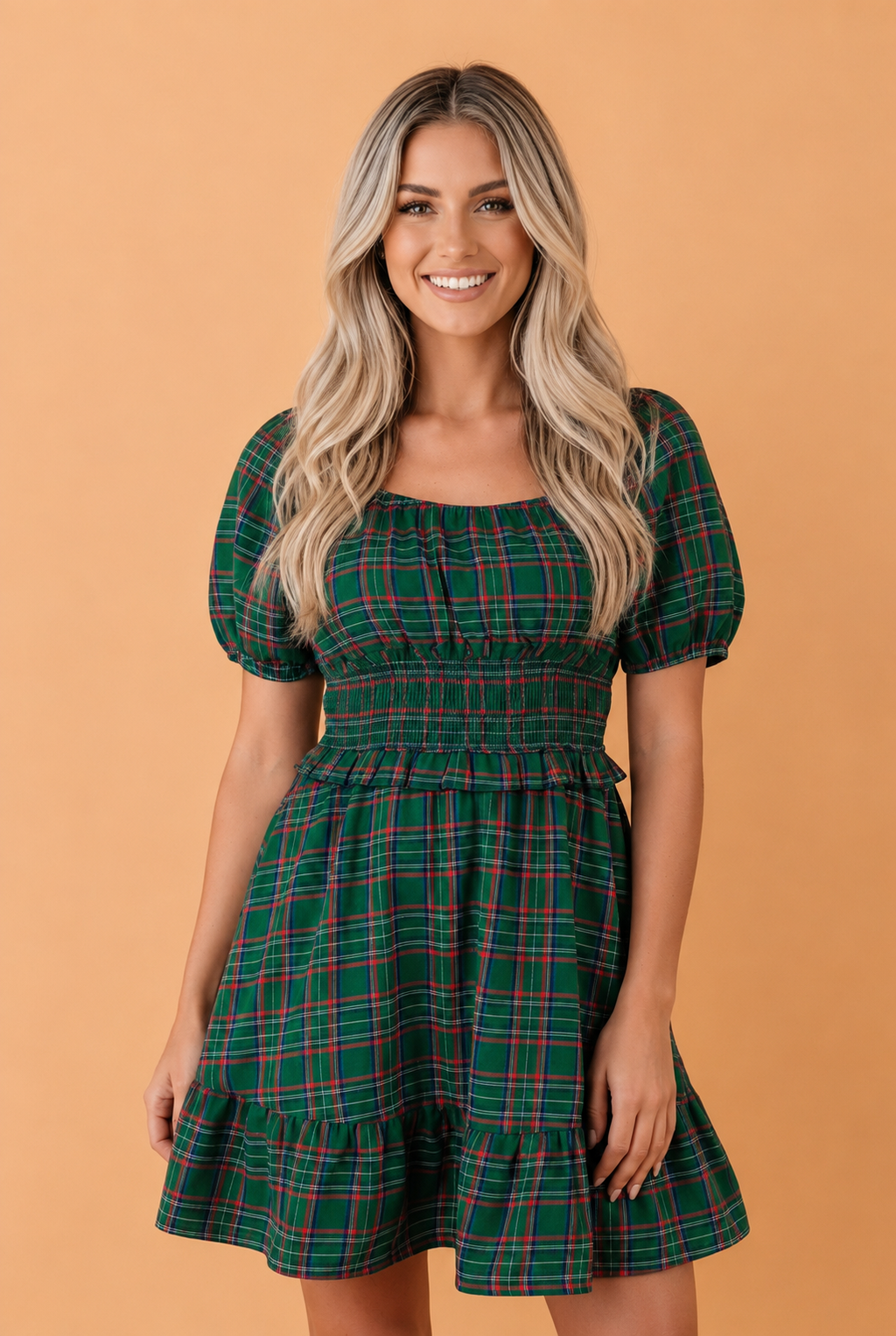 Plaid Shirred Scoop Neck Short Sleeve Mini Dress in Green, front view