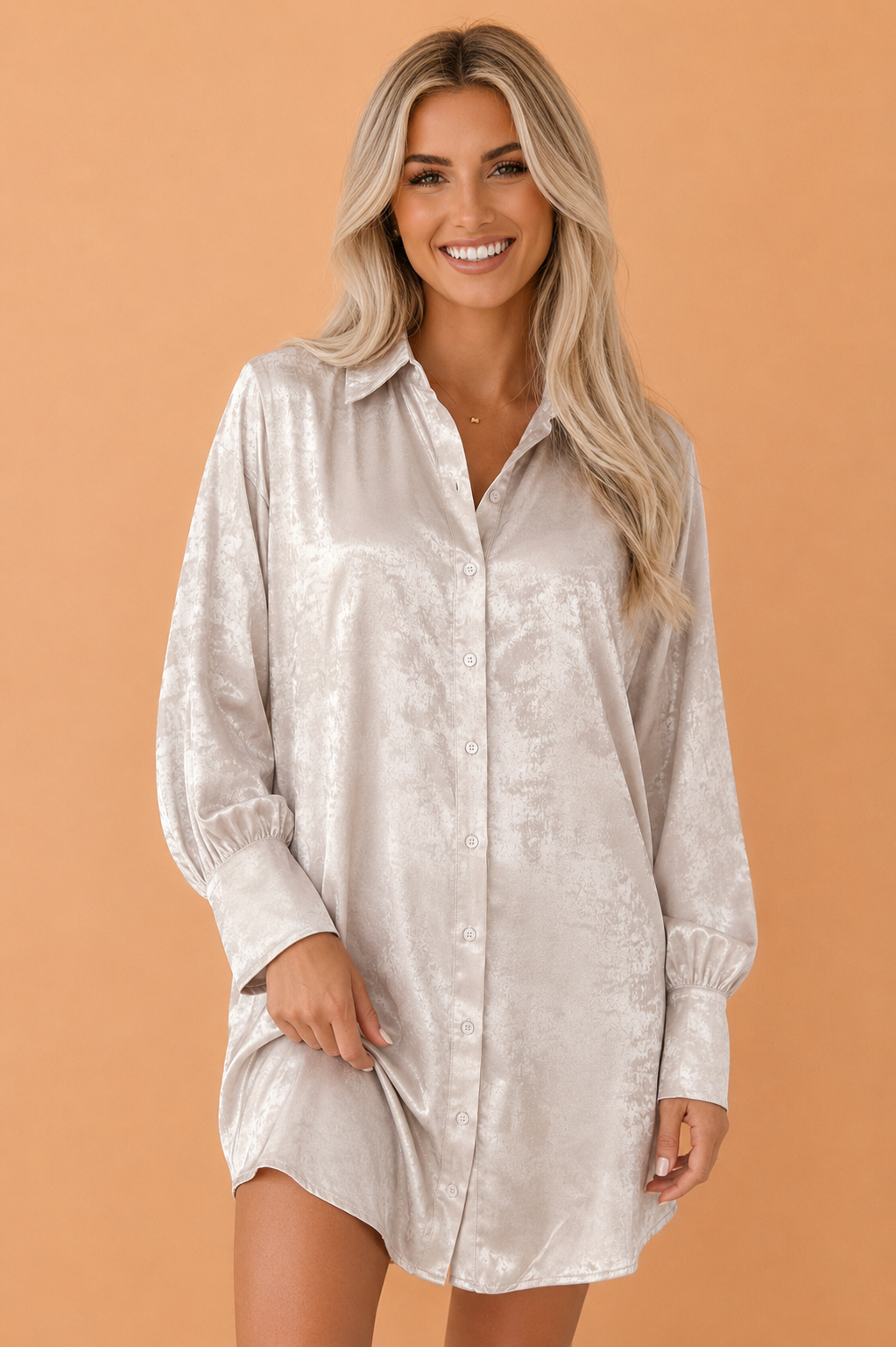 Solid Metallic Long Sleeve Collared Mini Dress, front view
