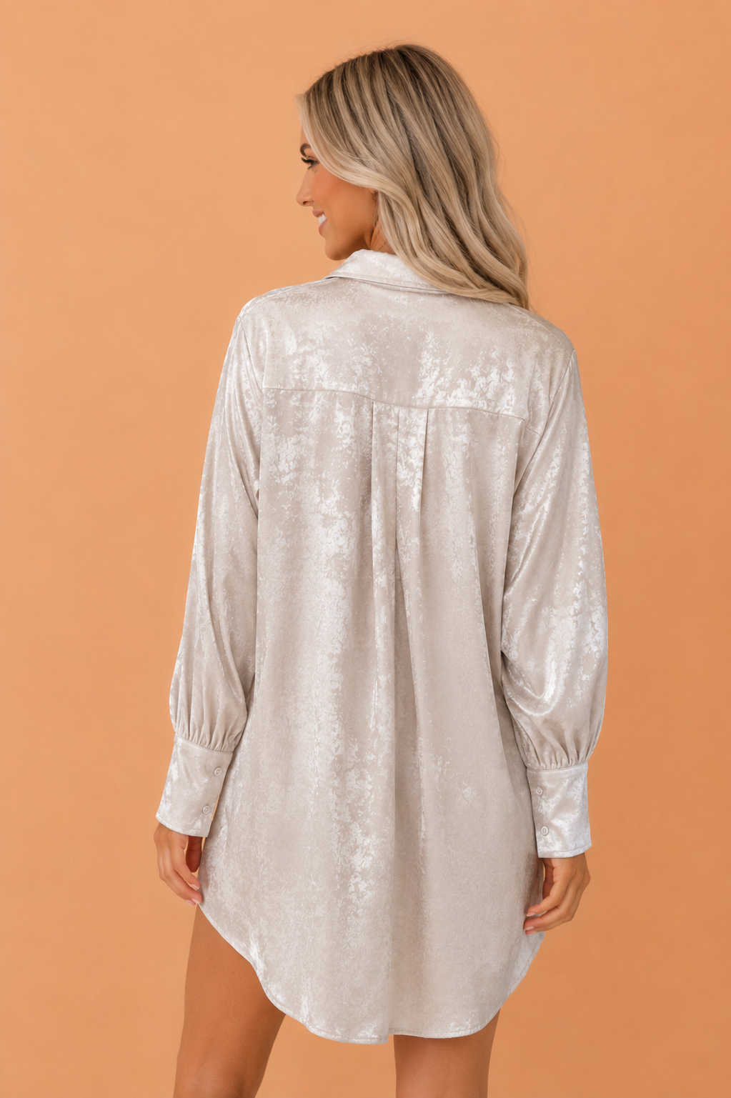 Solid Metallic Long Sleeve Collared Mini Dress, detail view