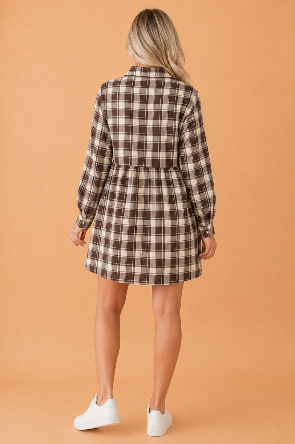Plaid Buttoned Collar Mini Dress in brown, detail