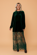 Velvet Lace Hem Long Sleeve Maxi Dress in blackish green and black, front view