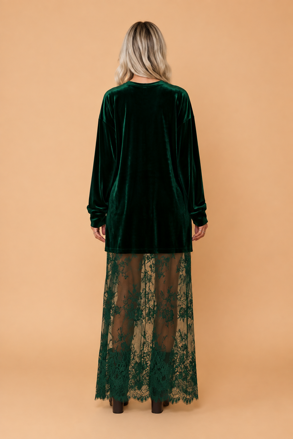 Velvet Lace Hem Long Sleeve Maxi Dress in blackish green and black, detail view